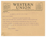 Telegram from NC Senator Overman to Smith's secretary